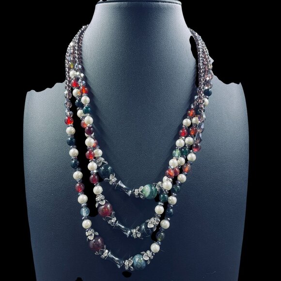 Multi Strand Gemstone Pearl Beaded Necklace Boho Layered Statement Jewelry - Picture 6 of 7